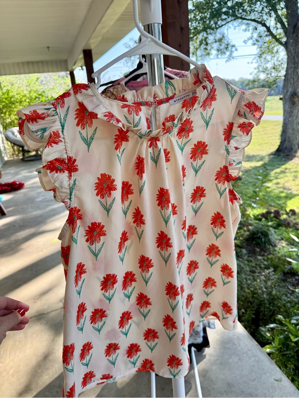 Women’s Floral Ruffle Sleeve Top - Red on Cream